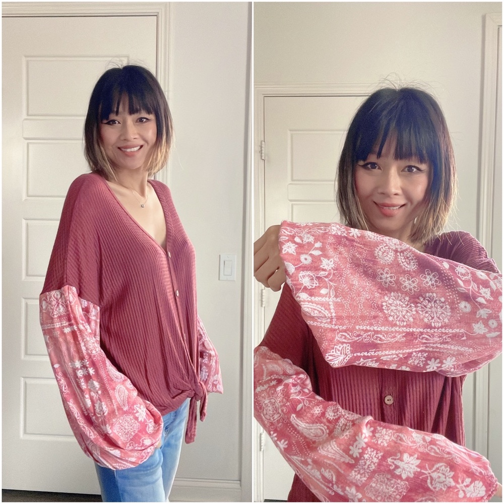070 Cozy Floral Print Wide Sleeve Button up Top - Picture 8 of 8